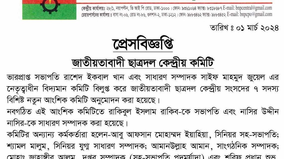 ছাত্রদলের নতুন সভাপতি রাকিবুল ইসলাম রাকিব, সাধারণ সম্পাদক নাসির উদ্দিন নাসির।